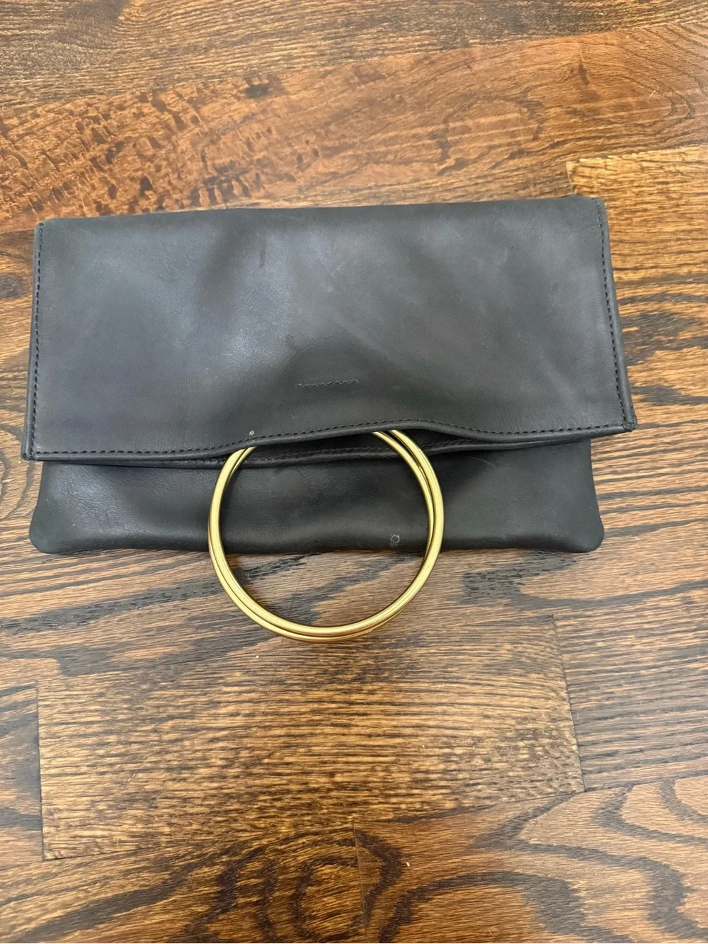 Parker Clay Black Leather Clutch with Gold Ring Handles (dust bag included)